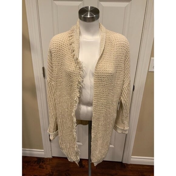 Free People Oatmeal Tan Silk Waffle Knit Open Front Cardigan w/ Fringe, Size S - Picture 1 of 7